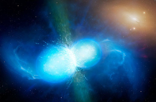 Kunstnerisk fremstilling af sammenstød mellem to neutronstjerner. Billede: ESO