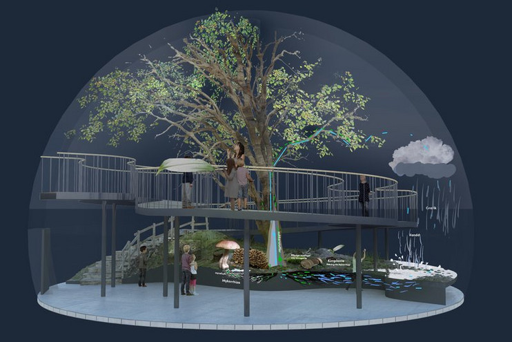 Installationen Livets træ byder som en Naturkrafts tre sfærer de besøgende velkommen i parken. Illustration: Naturkraft.